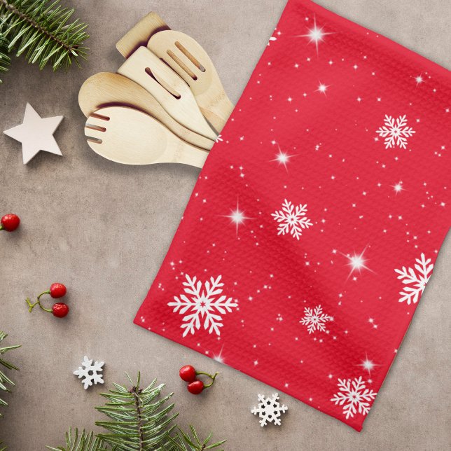 Red Christmas Stars Snowflakes Pattern Kitchen Towel (Creator Uploaded)