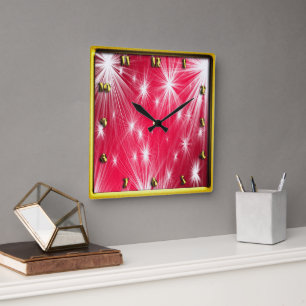 Red Christmas stars with snowflakes and poinsettia Square Wall Clock