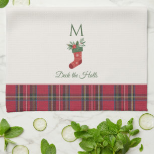 Red Christmas Stocking Custom Monogram Xmas Kitchen Towel