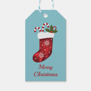 Red Christmas Stocking On Blue - Merry Christmas Gift Tags