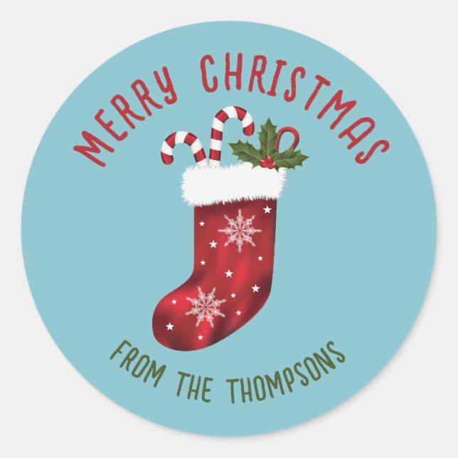 Red Christmas Stocking On Blue With Custom Text Classic Round Sticker (Front)