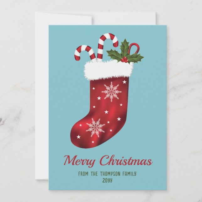 Red Christmas Stocking On Blue With Custom Text Holiday Card (Front)
