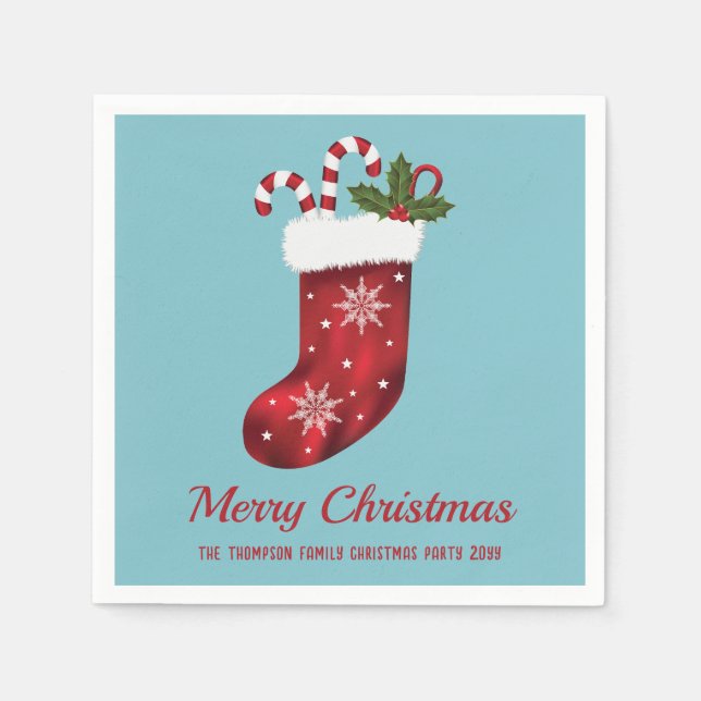Red Christmas Stocking On Blue With Custom Text Napkin (Front)