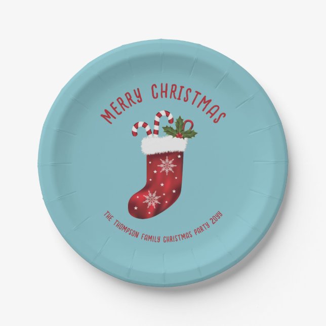 Red Christmas Stocking On Blue With Custom Text Paper Plate (Front)