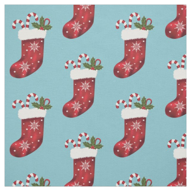 Red Christmas Stocking With Candy Canes On Blue Fabric (Swatch)