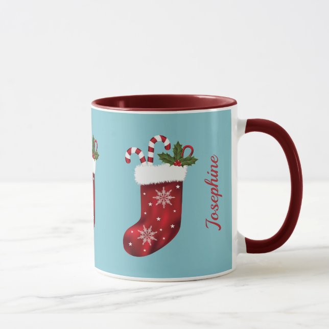 Red Christmas Stockings On Blue With Custom Name Mug (Right)