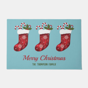 Red Christmas Stockings On Blue With Custom Text Doormat