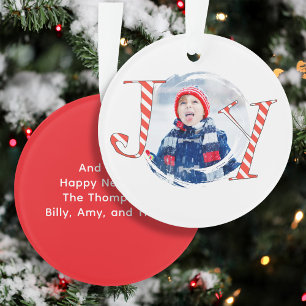 Red Christmas Stripes Photo Joy Typography Ornament