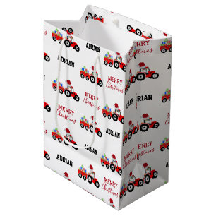 Red Christmas Tractor Truck Farm Custom Name Medium Gift Bag