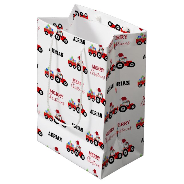 Red Christmas Tractor Truck Farm Custom Name Medium Gift Bag (Front Angled)