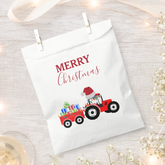 Red Christmas Tractor Truck Farm Favour Bag (Clipped)