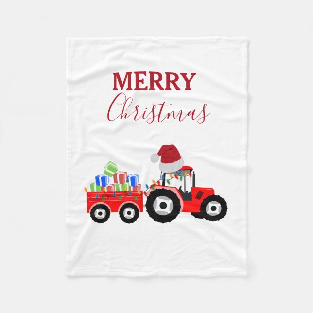 Red Christmas Tractor Truck Farm  Fleece Blanket (Front)