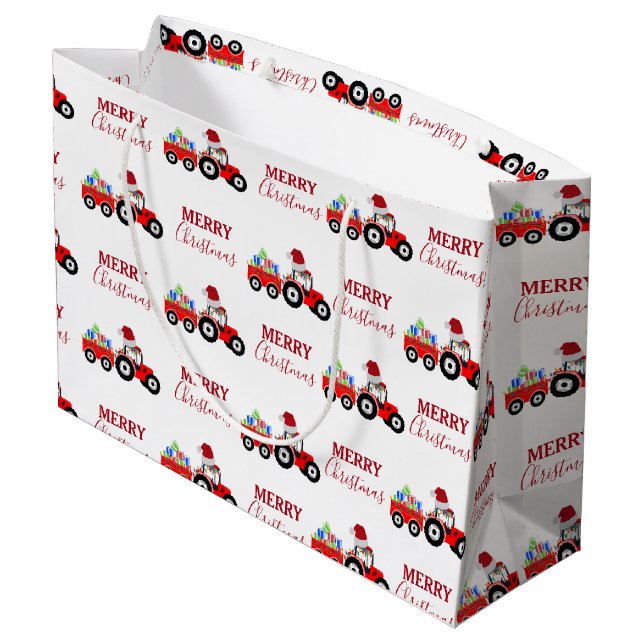 Red Christmas Tractor Truck Farm Large Gift Bag (Back Angled)