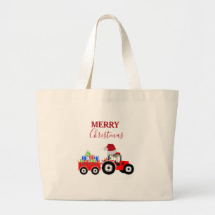 Red Christmas Tractor Truck Farm Large Tote Bag