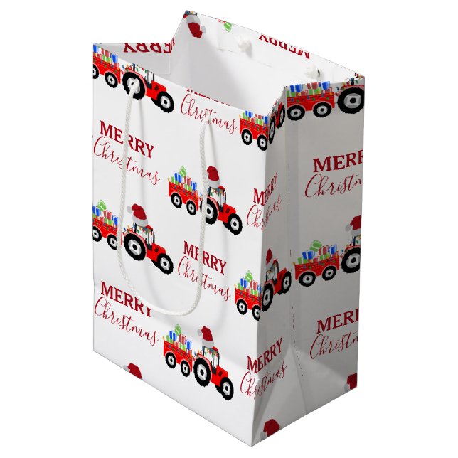 Red Christmas Tractor Truck Farm  Medium Gift Bag (Front Angled)
