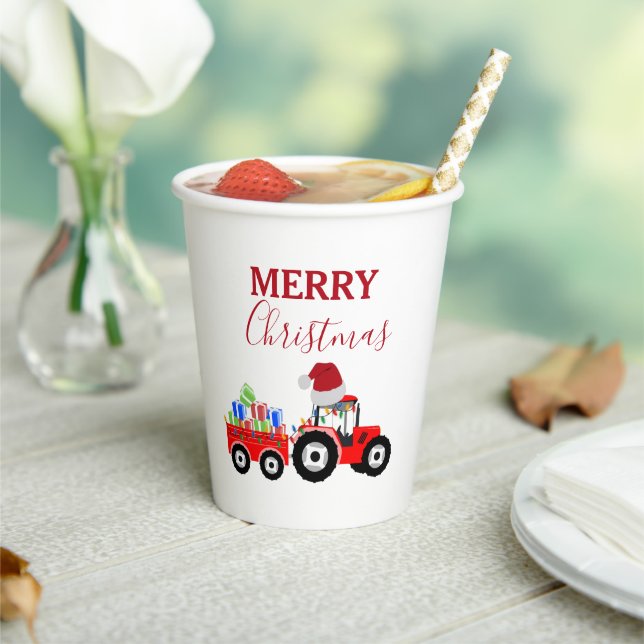 Red Christmas Tractor Truck Farm Paper Cups (Insitu)