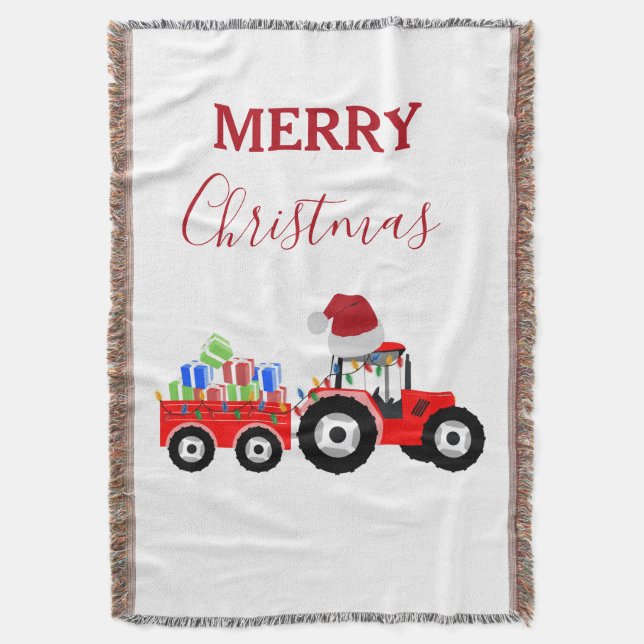 Red Christmas Tractor Truck Farm Throw Blanket (Front Vertical)