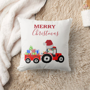 Red Christmas Tractor Truck Farm Throw Pillow