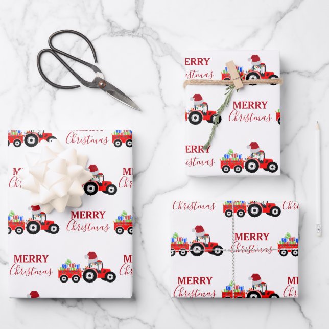 Red Christmas Tractor Truck Farm  Wrapping Paper Sheet (Front)