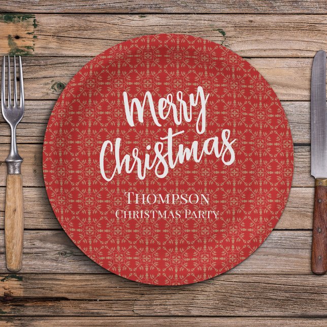 Red Christmas Traditional Simple Elegant Winter  Paper Plate (Christmas holiday custom paper plate with white text typography. )