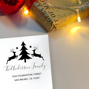 Red Christmas Tree and Reindeer Return Address Self-inking Stamp