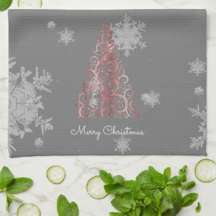 Red Christmas Tree and Snowflakes Kitchen Towel