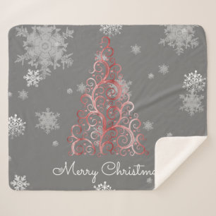 Red Christmas Tree and Snowflakes Sherpa Blanket