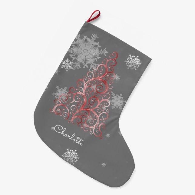 Red Christmas Tree and Snowflakes Stocking (Front (Hanging))