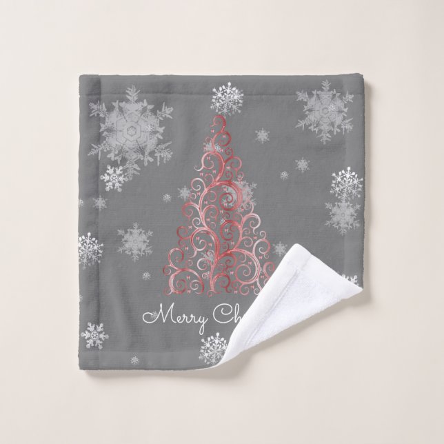 Red Christmas Tree and Snowflakes Towel Set (Wash Cloth)