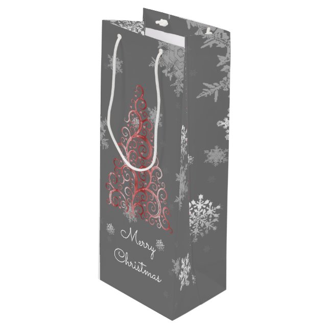 Red Christmas Tree and Snowflakes Wine Gift Bag (Front Angled)
