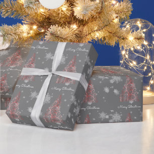 Red Christmas Tree and Snowflakes Wrapping Paper