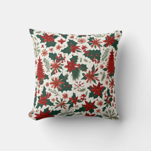 red Christmas tree, flowers, berries, green leaves Throw Pillow