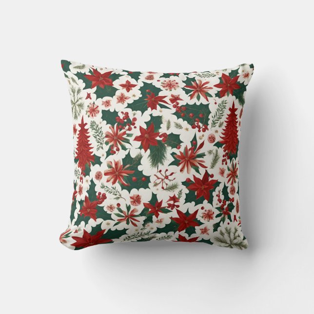 red Christmas tree, flowers, berries, green leaves Throw Pillow (Front)