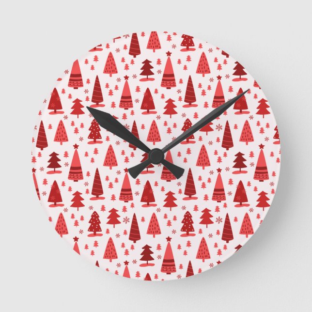 Red Christmas Tree Forest Cute Pattern Round Clock (Front)