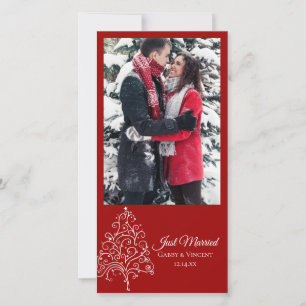 Red Christmas Tree Just Married Announcement Photo