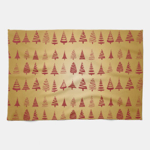 Red Christmas tree modern on Gold Kitchen Towel