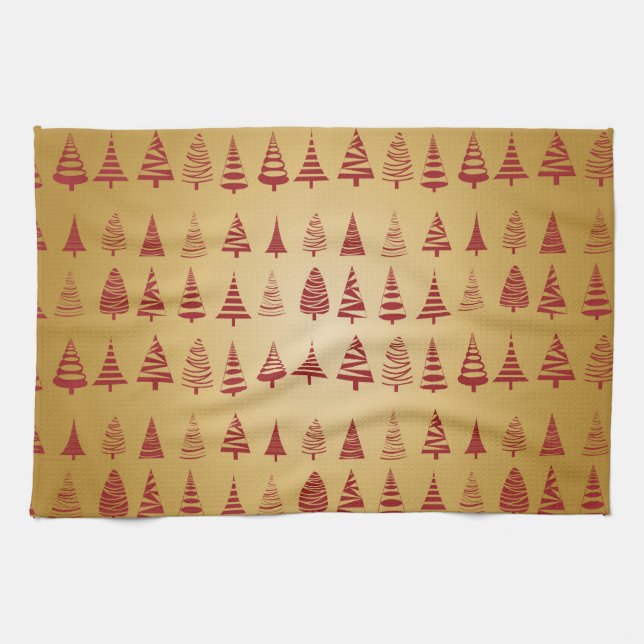 Red Christmas tree modern on Gold Kitchen Towel (Horizontal)