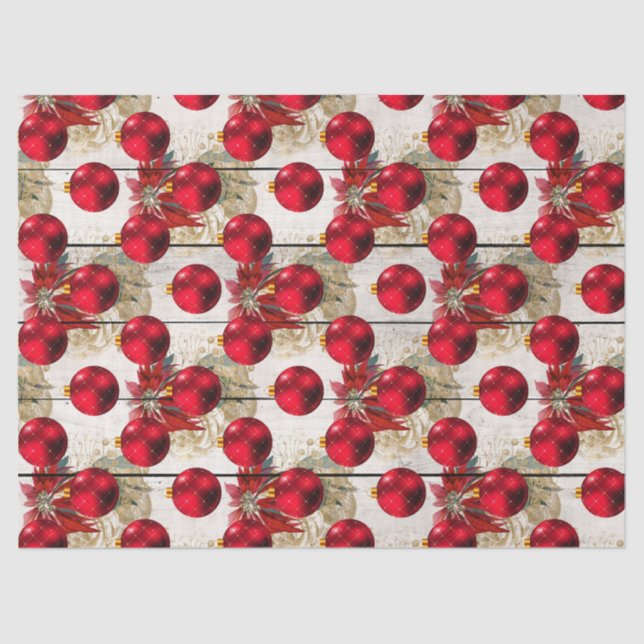 Red Christmas Tree Ornaments on Wood Decoupage Tissue Paper (Front)