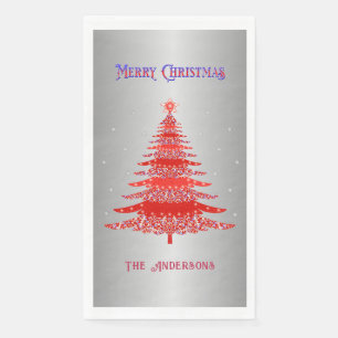 Red Christmas Tree Snowflakes Custom Name Silver Napkin