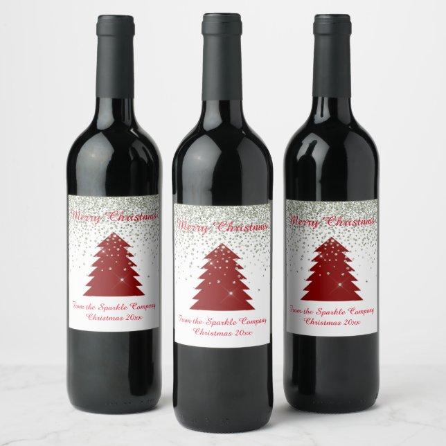 RED CHRISTMAS TREE SPARKLE CUSTOMIZABLE WINE GIFT LABEL (Bottles)