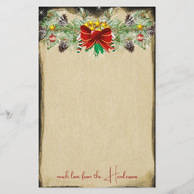 Red Christmas Tree Stars Gold Lights Garland Stationery (Front)