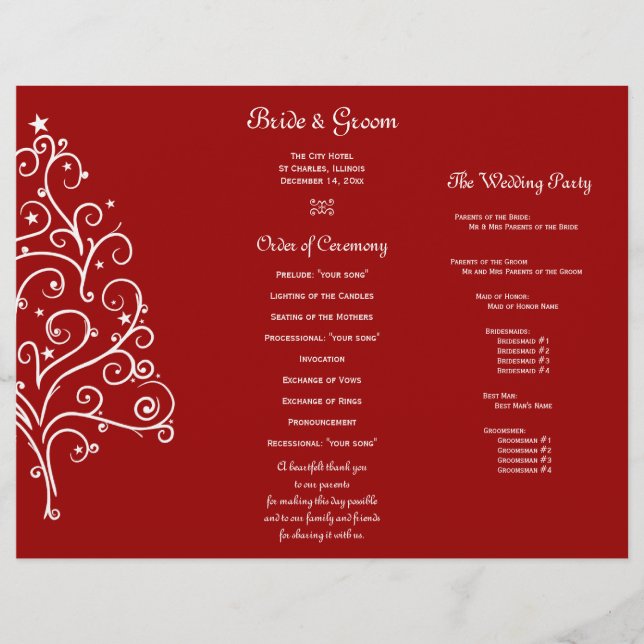Red Christmas Tree Winter Tri Fold Wedding Program (Front)
