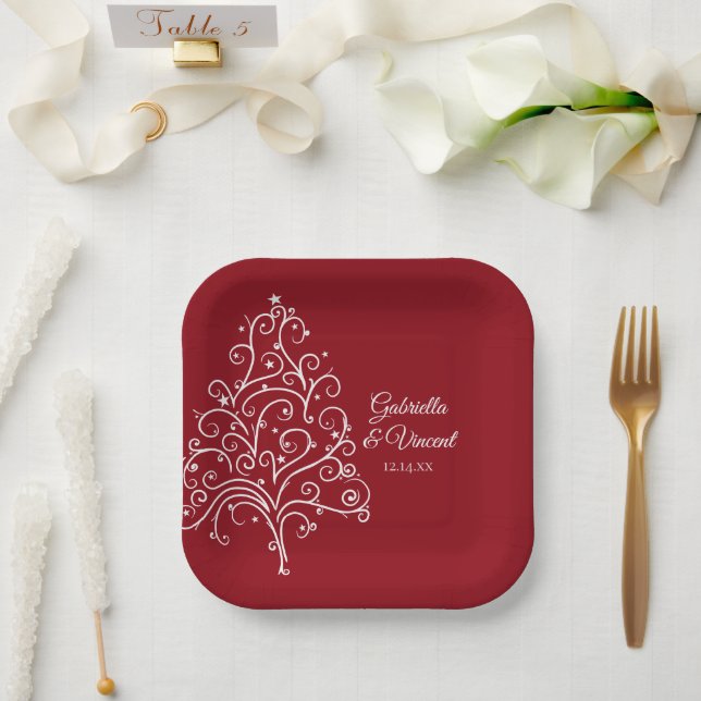 Red Christmas Tree Winter Wedding Paper Plate (Wedding)