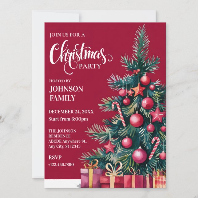 Red Christmas tree with and gifts watercolor Invitation (Front)