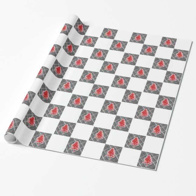 Red Christmas Tree Xmas Chequered Design Holiday Wrapping Paper (Unrolled)