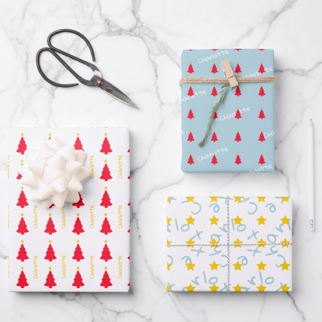 Red Christmas Tree Yellow Star Minimalist Wrapping Paper Sheet (Front)