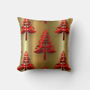 Red Christmas Trees on Gold Throw Pillow