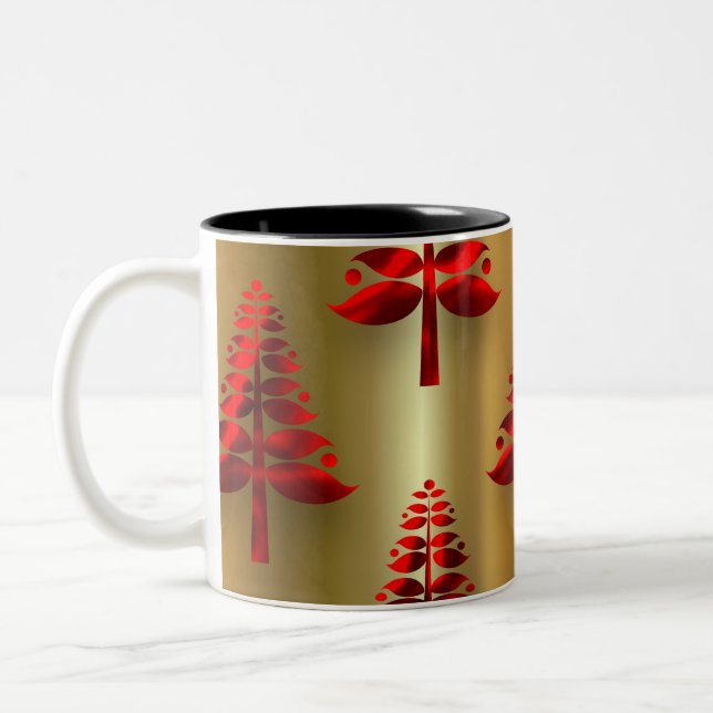 Red Christmas Trees on Gold Two-Tone Coffee Mug (Left)