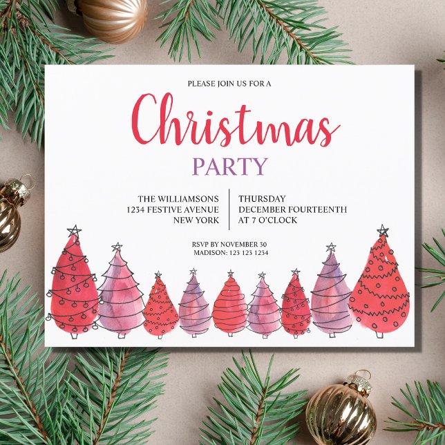 Red Christmas Trees Party Invitation Carte postale (Créateur téléchargé)