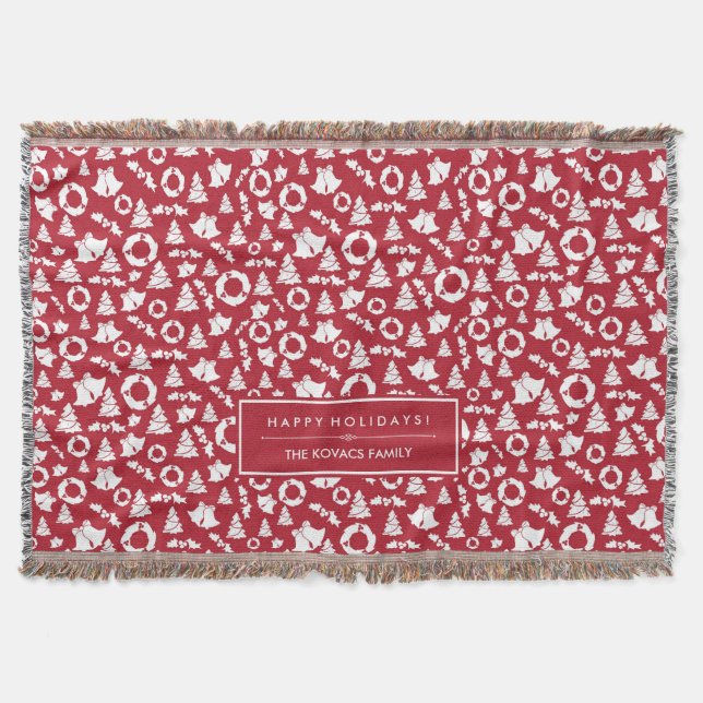 Red Christmas Trees Wreath Bells and Holly Throw Blanket (Front)